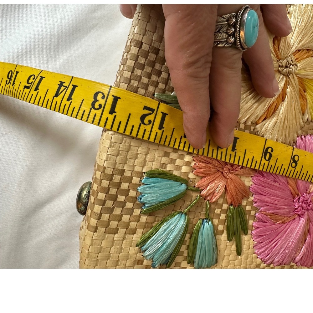 Vintage 1960s Bags By Whidby Inc. Raffia Straw Tote Bag 3D Floral Embroidery - Picture 11 of 11